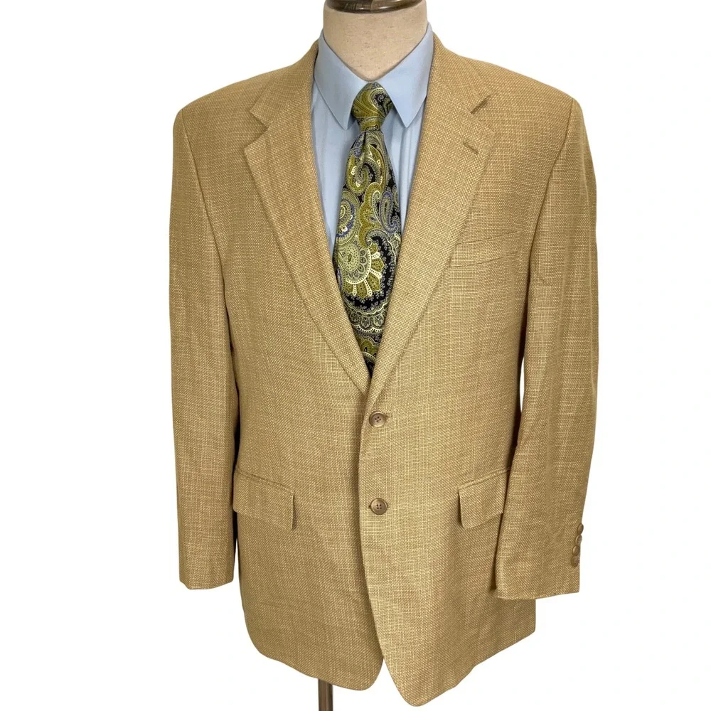 Chaps 1978 Blazer Men 42L Tan‎ Gold Woven Texture Silk Luxury Classic Jacket